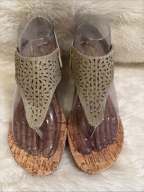 Attention Cork Wedge Sandals Size 6.5 Beige Laser Cut Boho Thong Sandals